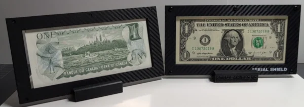 Straight-on view of two budget currency frames with sample notes