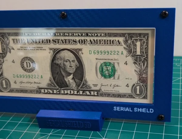 Budget 4-Mil Currency Display Frame with Stand – Framed Note Wide View | Serial Shield 3D™ Wide front view of the currency frame and stand with a sample one-dollar note