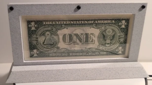 Platinum 10-Mil Currency Display Frame with Stand – Rear Note Close-Up | Serial Shield 3D™ Close rear view showing the back of the sample one-dollar note