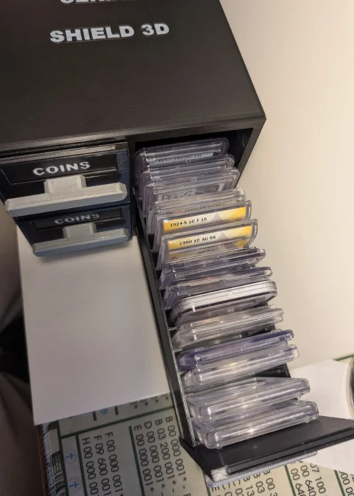Stackable coin capsule and graded slab storage system with extended drawers