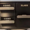 Stackable Coin Capsule and Graded Slab Storage System – Closed Labeled Front | Serial Shield 3D™ Closed front view of the storage system with COINS and SLABS drawer labels