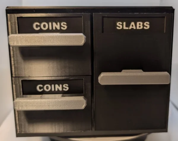 Stackable Coin Capsule and Graded Slab Storage System – Closed Labeled Front | Serial Shield 3D™ Closed front view of the storage system with COINS and SLABS drawer labels