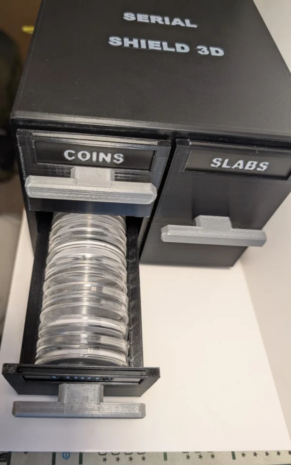 Stackable Coin Capsule and Graded Slab Storage System – Coin Capsule Drawer | Serial Shield 3D™ Coin-capsule drawer pulled open to show its storage capacity