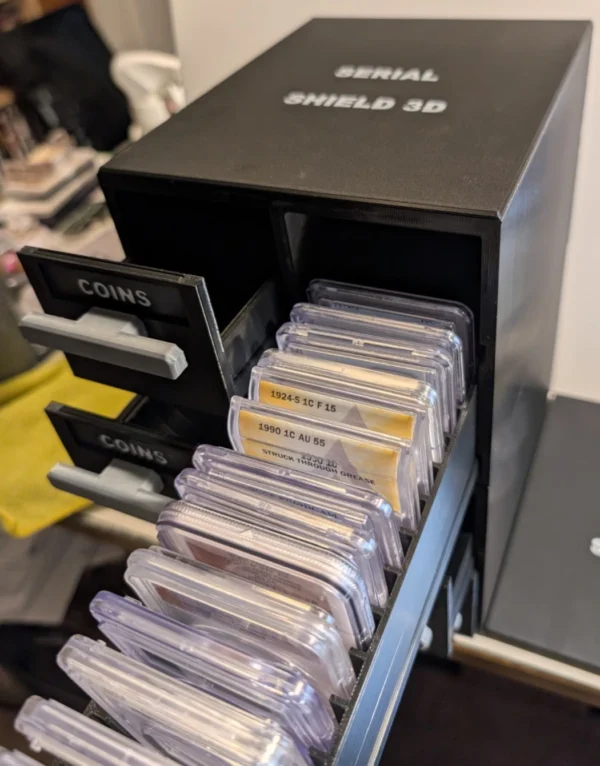 Stackable Coin Capsule and Graded Slab Storage System – Loaded Slab Drawer | Serial Shield 3D™ Upper slab drawer opened with graded slabs arranged inside