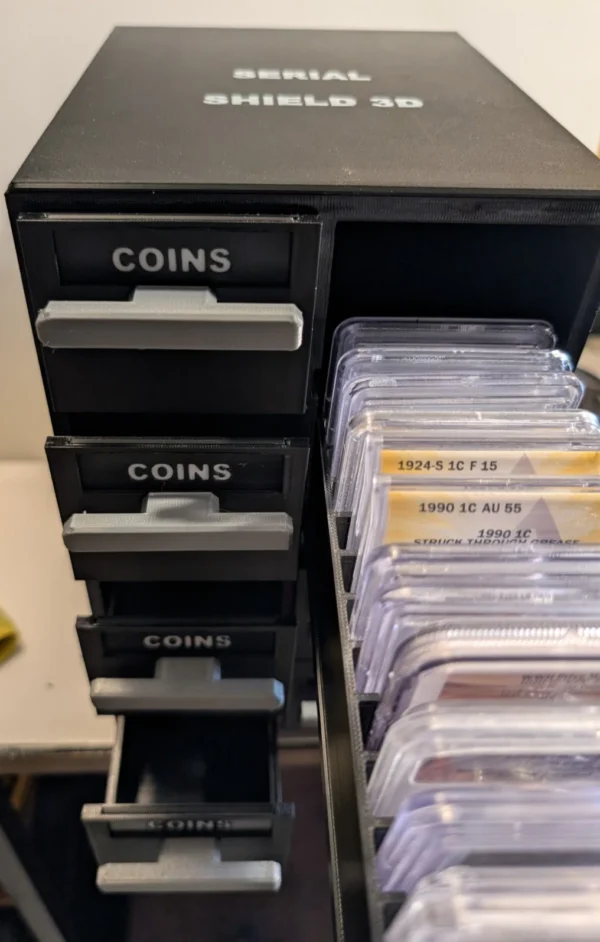 Stackable Coin Capsule and Graded Slab Storage System – Loaded Coin Drawer | Serial Shield 3D™ Coin drawer opened with capsules arranged inside