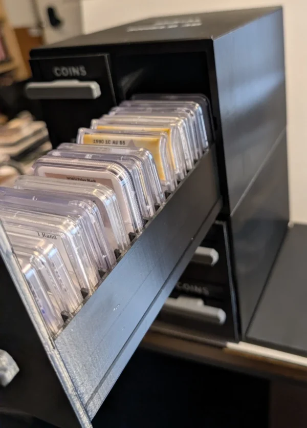 Stackable Coin Capsule and Graded Slab Storage System – Extended Drawers Side View | Serial Shield 3D™ Side-angle view of multiple drawers extended from the storage system